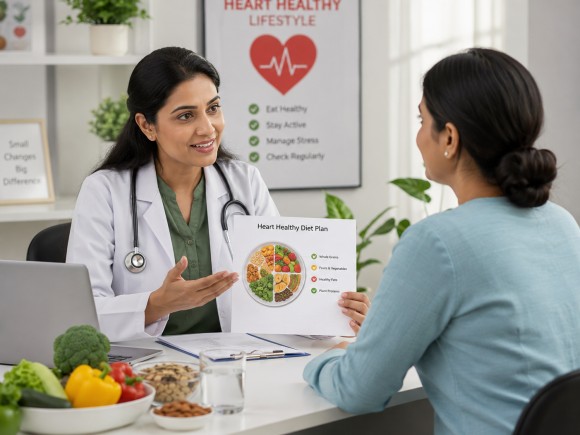 Doctor or nutritionist discussing diet with a patient, clinical but warm setting, consultation about heart health